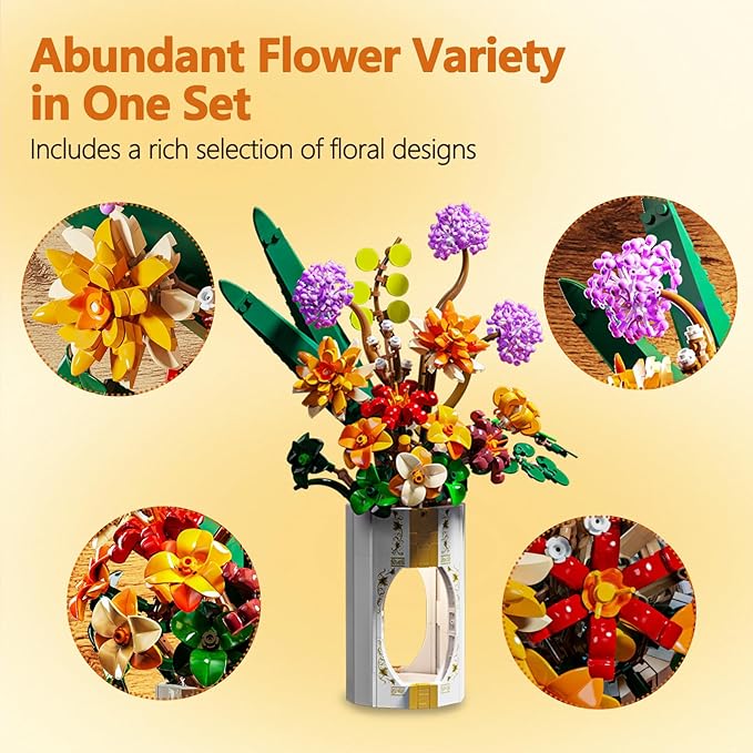 Flower Bouquet Building Set for Adults, 890 PCS Botanical Collection-Inspired Brick Floral Gift with Vase, Flower Vase Display Set for Home Decor