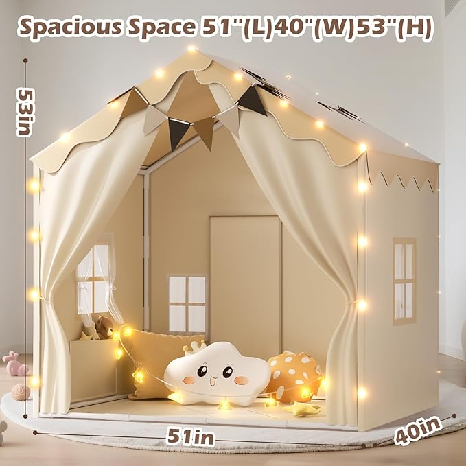 EagleStone 2-in-1 Kids Tent,Large Play Tent with Padded Mat and Lights,Kids Playhouse with 2 Doors & 4 Windows,2 Large Side Pockets,Indoor Outdoor Kid Play Tent for Toddlers,53" x40" x 51"