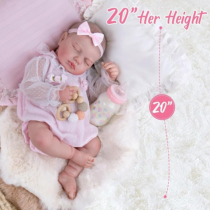 Aori Lifelike Reborn Baby Dolls - 20 Inch Sleeping Realistic Girl Newborn Baby Doll with Weighted Poseable Soft Vinyl Doll Includes Pink Lace Outfit Set for Senior, Collectors, Kids 3+