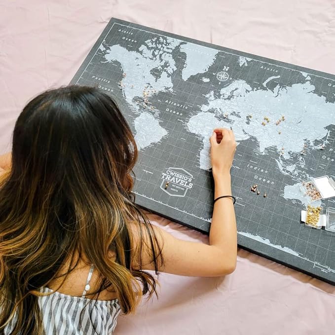 Conquest Maps World Travel Map with Pins Modern Slate Style Push Pin Travel Map Cork Board, Track Your Travels w/a Handmade Unique Canvas Pinable Map (24" x 16")