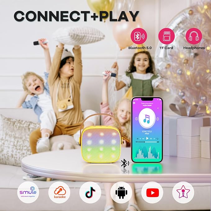 Mini Karaoke Machine for Kids Adults, Portable Bluetooth Speaker with 2 Wireless Microphones, Birthday Gifts Toys for Girls Boys Ages 3, 4, 5, 6, 7, 8, 9,10,11,12+ Years Old Toddler (Yellow)