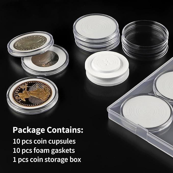 10PCS Clear Coin Capsules, Silver Dollar Coin Holder, Coin Holders for Collectors, Plastic Coin Case with Adjustable Gasket & Organizer Box for Morgan Silver Dollar | 16/20/25/27/30/33/38/46mm