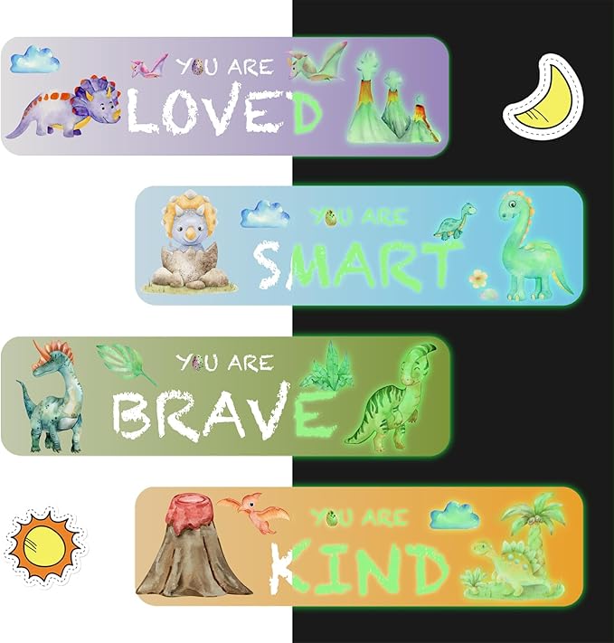 4 PCS Glow in The Dark Dinosaur Wall Decals, Luminous Self-Adhesive Dinosaur Toddler Room Stickers for Boys Motivational Wall Art Inspirational Sticker for Girls Kids Baby Nursery