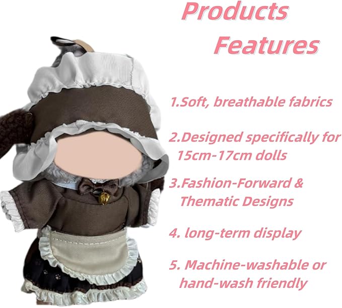 Doll Clothes for 17cm Figures, Cute Brown Maid Dress with Bunny Ear Hairband,Chocolate-Tone