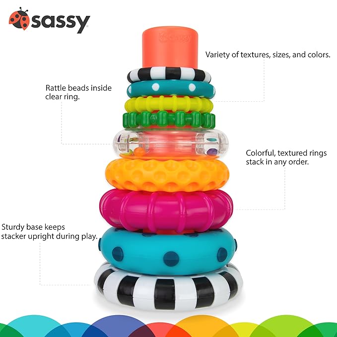 Sassy Tummy Time See Me Floor Mirror for Ages 0+ Months (80928) & Stacks of Circles Stacking Ring STEM Learning Toy, Age 6+ Months, Multi, 9 Piece Set
