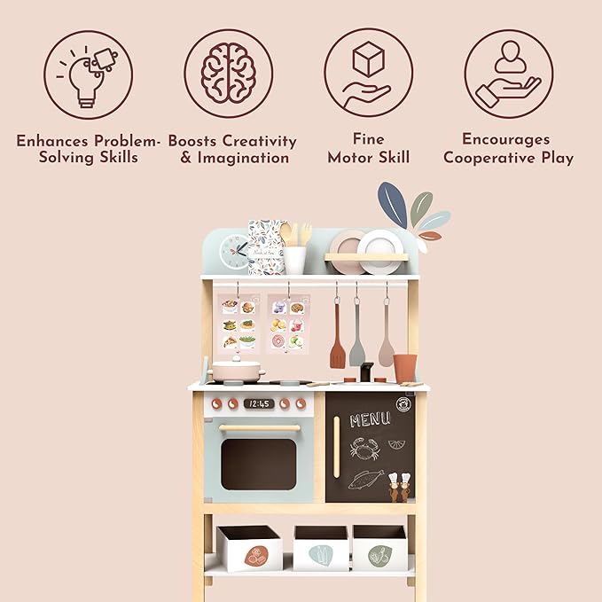 Speedy Monkey Wooden Play Kitchen Set for Kids – 20-Piece Pretend Play Cooking Set, FSC® Certified Wooden Food & Cookware Accessories, Role Play Toy for Toddlers & Little Chefs
