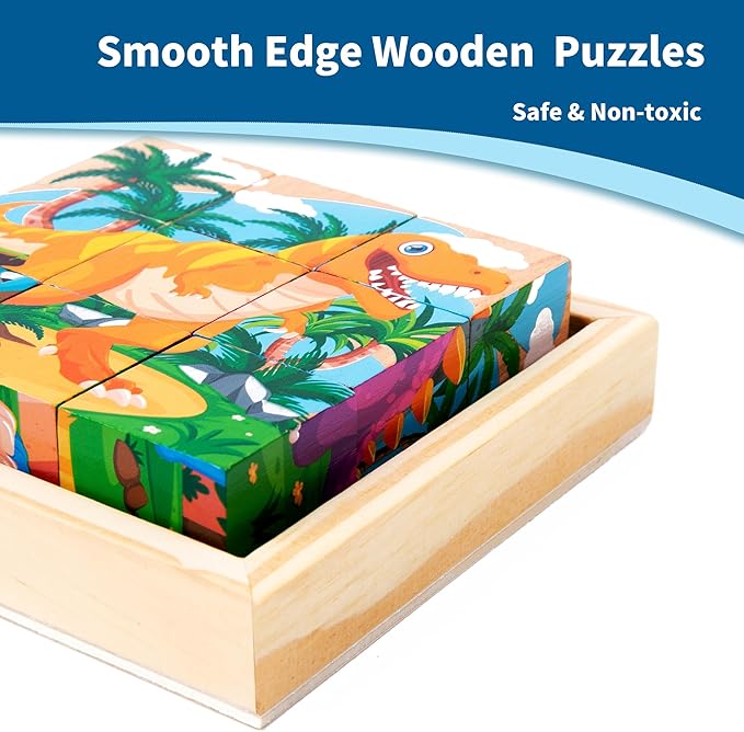 Wooden Dinosaur Block Puzzles for Kids Ages 3-5 with Baby Book, Jigsaw Puzzles Preschool Educational Interactive Toys Gift for Boys Girls, Wood Dino Cube Puzzles for Toddlers 2 3 4 5 6 Years Old