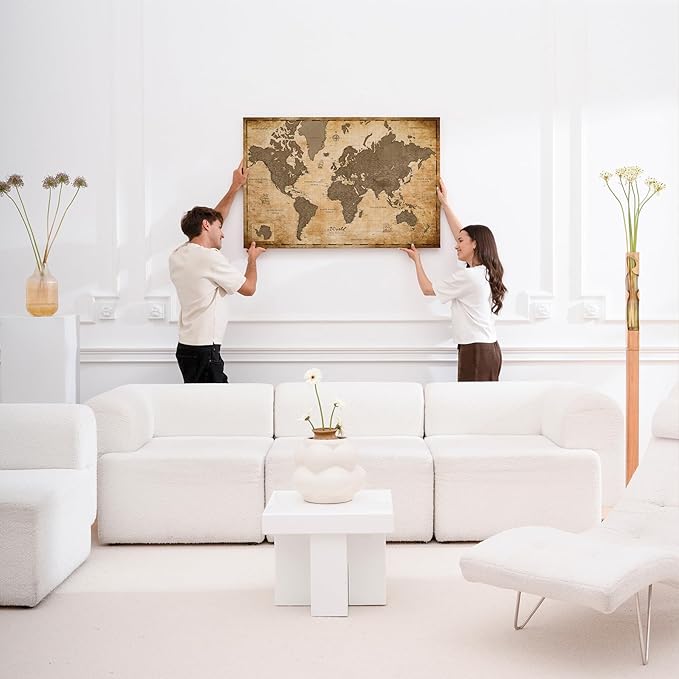 Canvas World Map with Cork Pin Board - English Lettering - Decorative Wall Decoration for All Rooms - Canvas Pictures with World Map Motif (70x50 cm, Pattern 1)