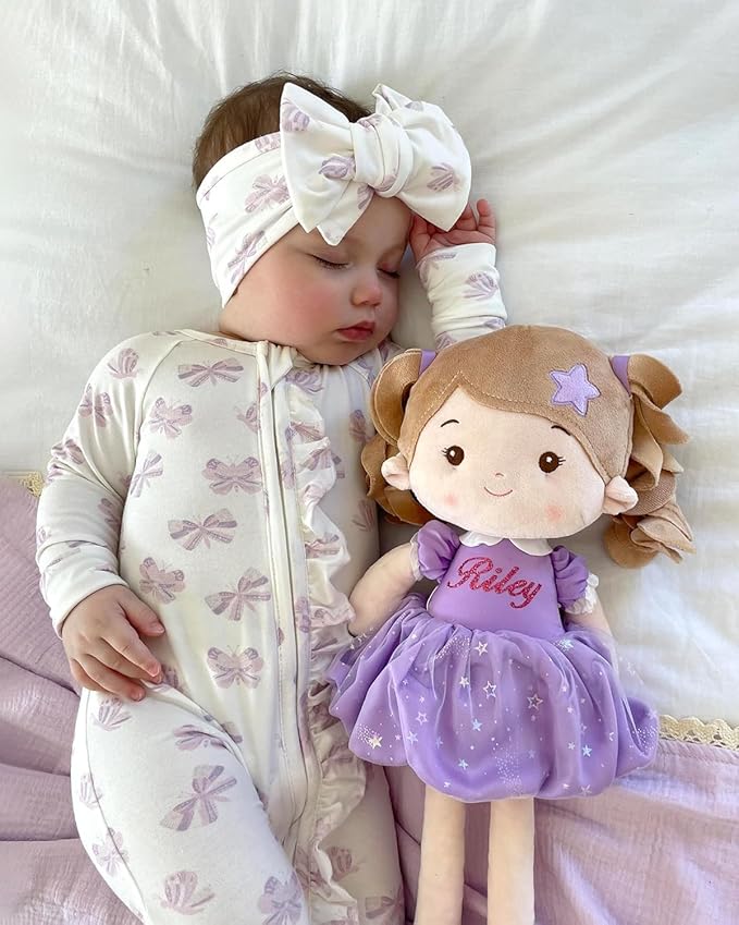 LeyaDoll Personalized Soft Baby Doll Toys for Girls (16''), My First Christmas Dolls, Leya Doll Baby Rag Doll Plush Toys for Toddler Kids Infants -Princess Starlet Light Purple