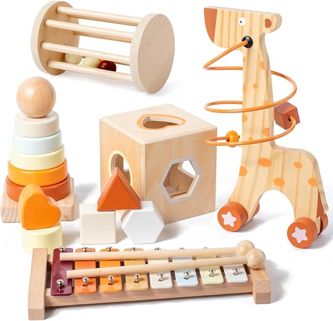 Montessori Toys for 1-3 Year Old, Baby Toys 12-18 Months, Wooden Stacking Rings Toy for Toddlers, Shape Sorting Cube, Xylophone, Preschool Sensory Developmental Educational Toy for Babies