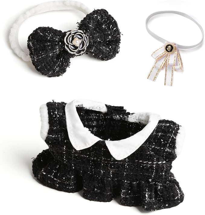 17cm Doll Clothes for Labubu - Luxury Chic Style Set for 17cm Dolls Outfit - Accessories for Dolls Clothes -Black Plaid Tweed Dress + White Necktie + Black Bow (No Doll)