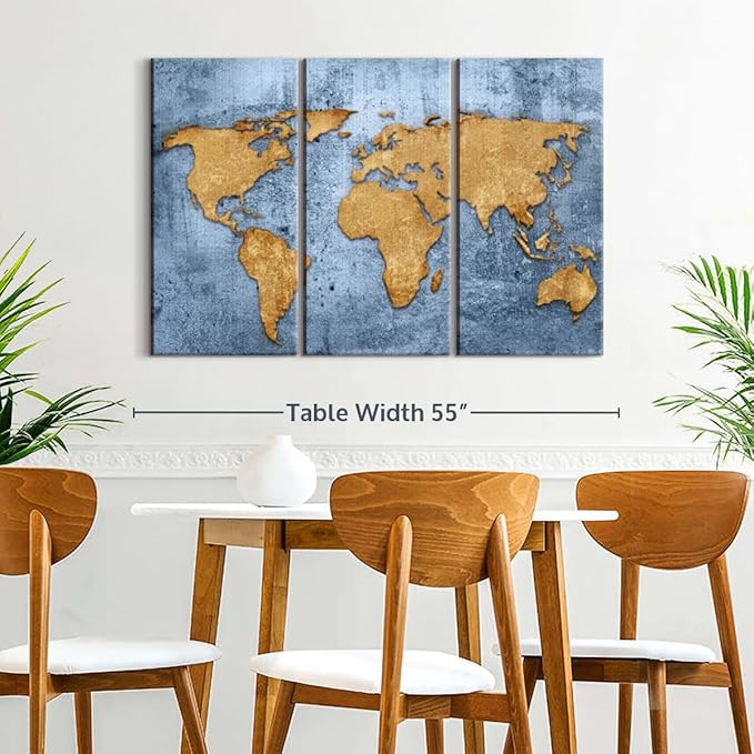 ElephantStock Azure World Map Wall Art Multi Piece Canvas - 3 Panel Wall Decor - Map of the World Art - Canvas for the Office and Home - 50" X 32"