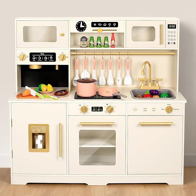 Kids Kitchen Playset, Wooden Toddler Play Kitchen Set Toys, Cooking Stove, Play Sink, Play Food, Kitchen Accessories for Baby Toddler Kids Toys, Pretend Toy Kitchen for Girls Ages 1-3