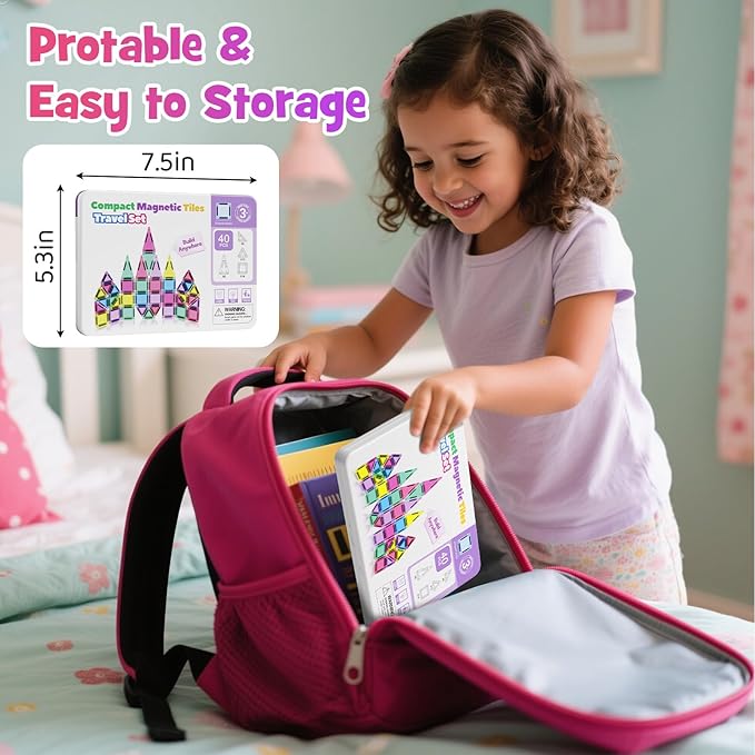 Mini Magnetic Tiles, 40PCS Magnetic Building Blocks with Iron Box, Magnet Toys Travel Size On-The-Go Construction Set STEM Travel Toys for Boys and Girls Ages 3+