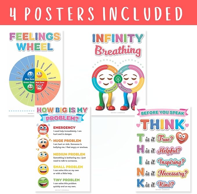 DeeDee's Workshop 4 Feelings Chart For Kids, Feelings Wheel Posters, Emotions Poster, Calm Down Corner Poster, Autism Sensory Products, Set of 4 (11 x 17 inches), Large