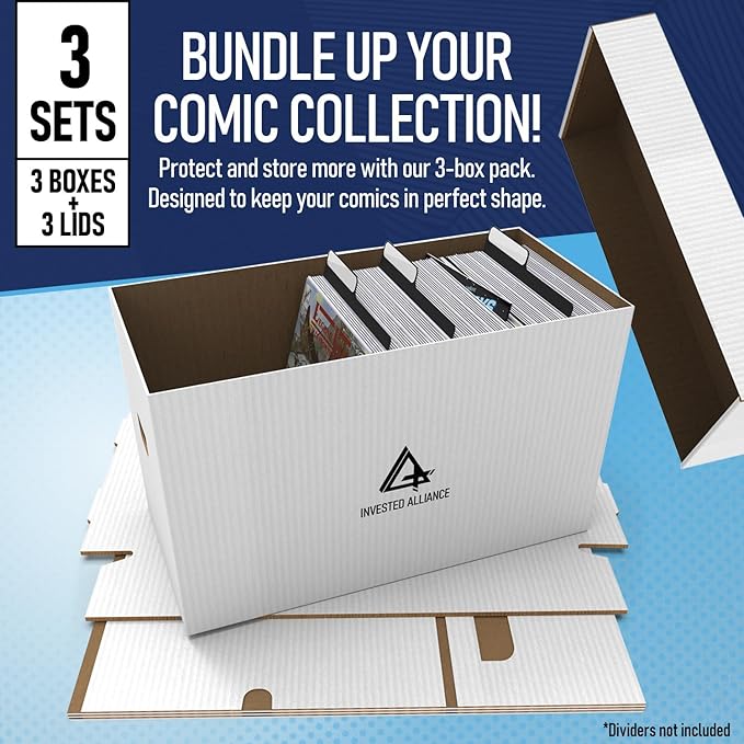 Premium Short Comic Book Storage Box (3 Pack - White). Thick Cardboard Comic Book Box/Cabinet. Comics Books Bin for 150-175 Collectibles. Comics Boxes Storage Case/Cabinet to Showcase Collectibles.