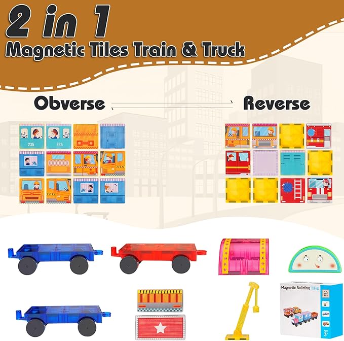 Magnetic Tiles Cars Construction Set - 30 PCS Magnetic Tiles Magnet Bricks Truck Sensory Toys, Educational Magnet Cars Set Building Blocks for 3 4 5 6 7 8+ Year Old Girls Boys Toddler