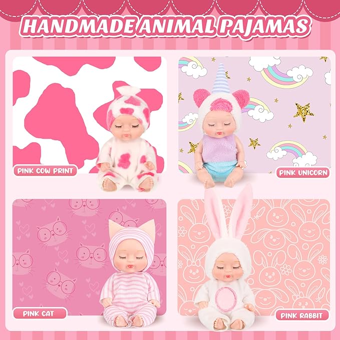 Hanaive 4 Pcs 4 Inch Mini Baby Dolls Lifelike Realistic Baby Dolls Animal Clothes Cute Tiny Gifts for Kids Birthday Party(Lovely Style)