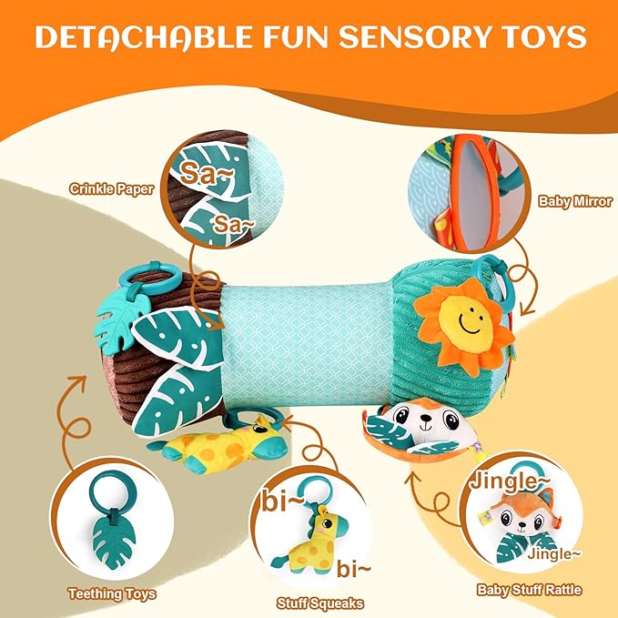 Inflatable Baby Tummy Time Toys Pillow for Newborn, Montessori Baby Sensory Toys Roller with Detachable Mirror, Squeaker, Teether & Rattle, Help with Early Development 3-6 Months (Fox)