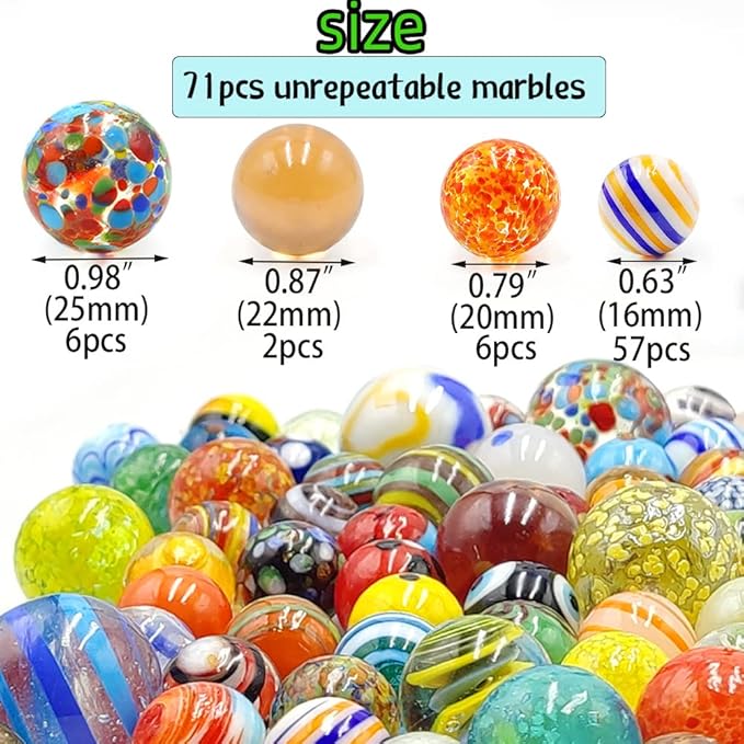 71pcs Assorted Marbles for Kids Handmade Big and Small Glass Marbles Bulk Set for Marble Game Toy Cool and Colorful