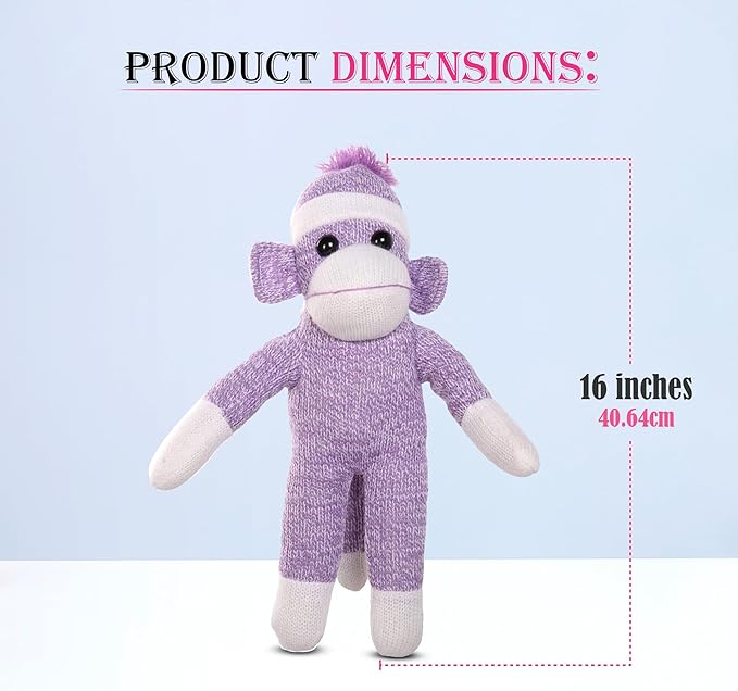 Adorable Sock Monkey, The Original Traditional Hand Knitted Stuffed Animal Toy Gift-for Kids, Babies, Teens, Girls and Boys Baby Doll Present Puppet (16" Purple)