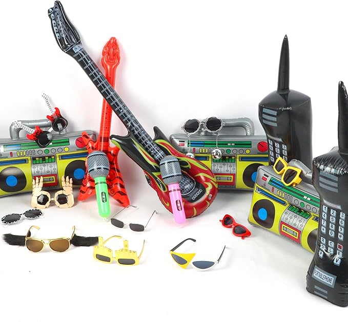 80s 90s Party Supplies, Photo Booth Props for 90s 80s Party Favors, Retro Glasses, Inflatable Boombox Radio Mobile Phone Guitar Microphone, Hip Hop Theme Retro Neon Party Supplies