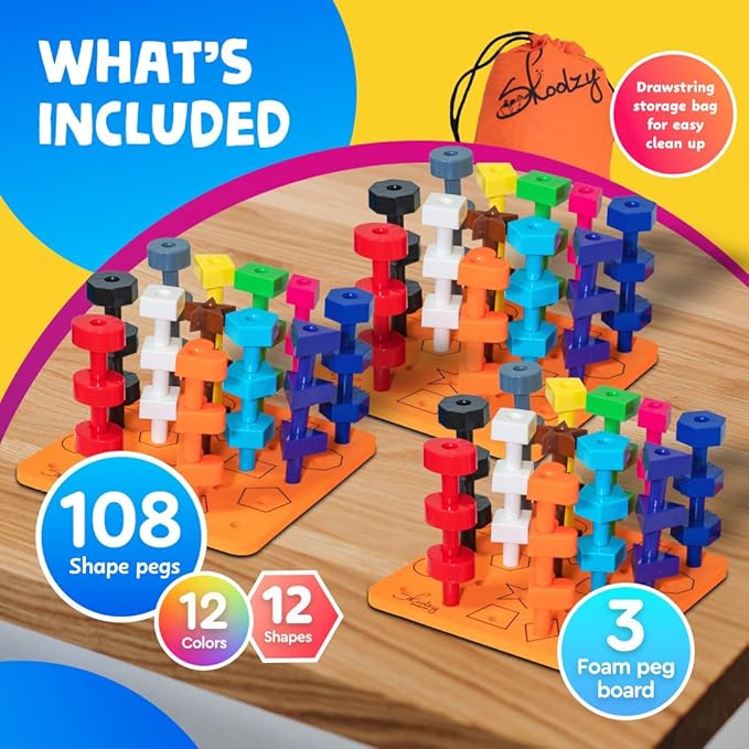 Skoolzy Toddler Peg Board 38 pcs with ebook - Pegboard for Toddlers - Stacking Peg Board - Color Matching & Shape Recognition Toy for Toddlers 3+