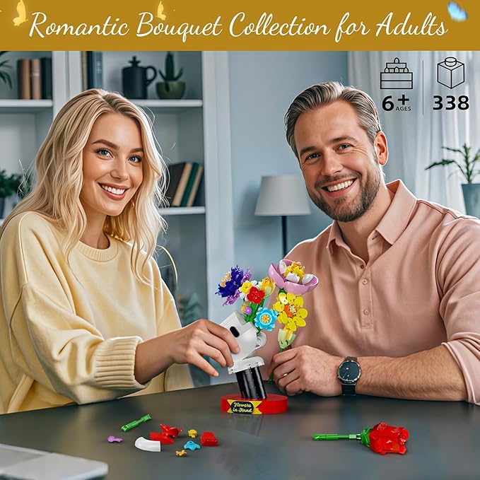 Floral Bouquet Building Set with Elegant Display Stand – Creative Artificial Flowers Kit for Home Decor, Mother’s Day & Valentine’s Gifts. Perfect for Ages 6+, a Thoughtful Present for Loved Ones!