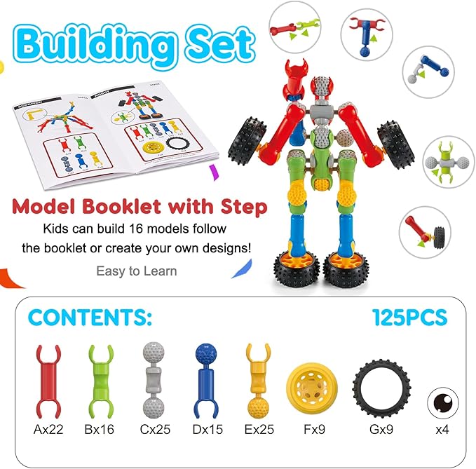 Kids STEM Building Toys for 3 4 5 6 7 8+ Year Old Boy Girl Birthday Gift, 125 Pcs Preschool Classroom Educational Building Blocks Stem Kits Activities Ages 3-5 4-8 5-7 6-8 Engineering Creative Games