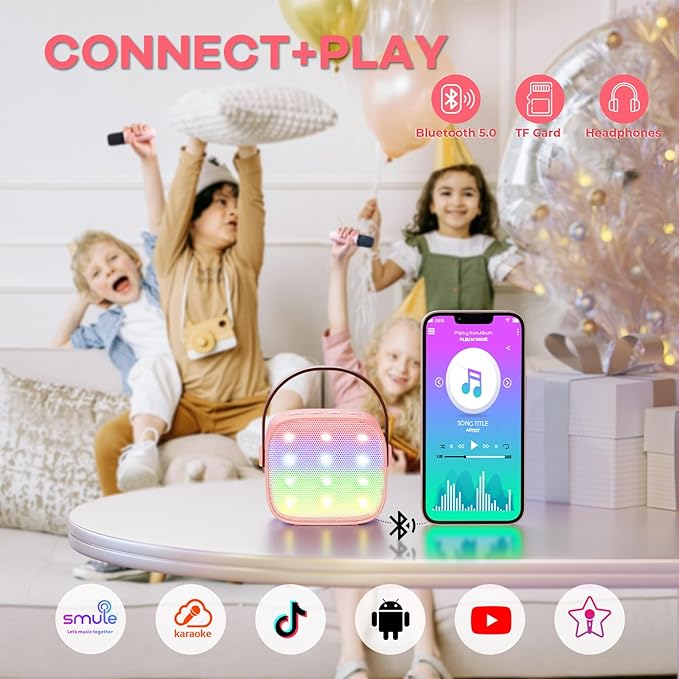 Mini Karaoke Machine for Kids Adults, Portable Bluetooth Speaker with 2 Wireless Microphones, TOP Birthday Gifts Toys for Girls Ages 3, 4, 5, 6, 7, 8, 9,10,11,12+ Years Old Toddler (Lightpink)