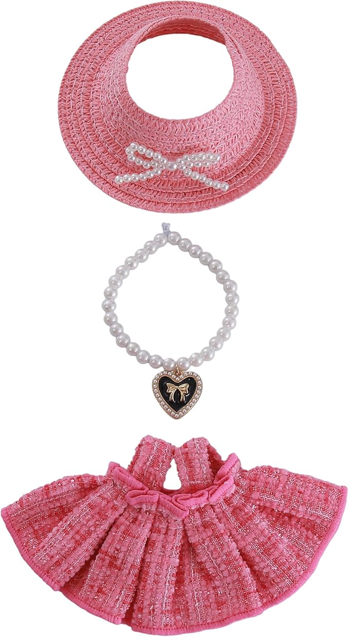 17cm Doll Clothes Set 3-Piece Pink Outfit Set with Pink Dress Necklace Hat Accessories for 17cm Plush Dolls, Clothes Only, No Doll Included