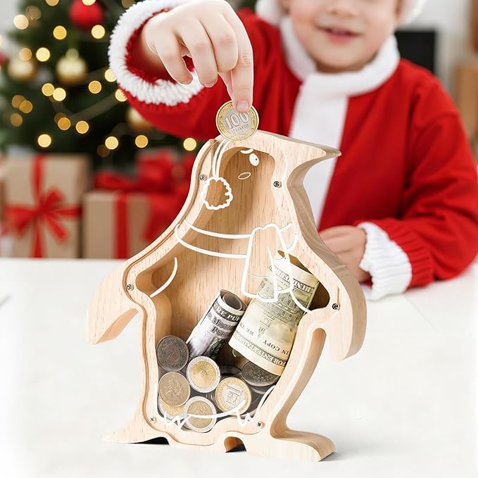 Wooden Penguin Piggy Banks for Kids Money Coin Bank, Cute Unbreakable Piggy Bank Kids Safe Money Box, Toddler Birthday Baptism Gifts for Girls Boys Penguin Lovers, Small