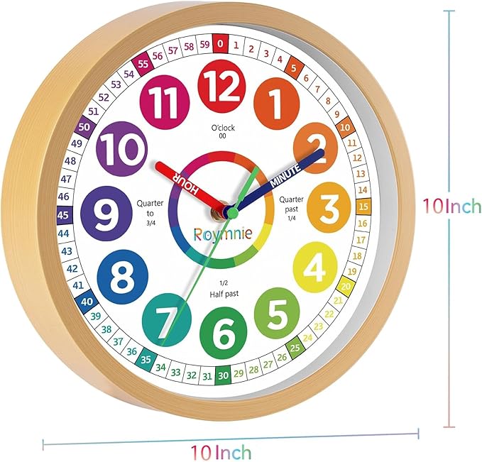 Wall Clock 10 Inch for Kids Learning Easily Kids Teaching Clock Analog Silent Non Ticking Battery Operated Colorful Teaching Time Clock Decorative for Kids Room Kitchen School