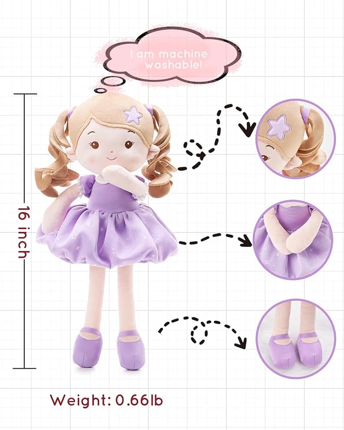 LeyaDoll Personalized Soft Baby Doll Toys for Girls (16''), My First Christmas Dolls, Leya Doll Baby Rag Doll Plush Toys for Toddler Kids Infants -Princess Starlet Light Purple