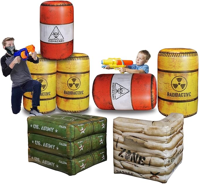 Package 8 Combat Battle Field Inflatables, 6 Barrels + 1 Sandbag + 1 Army Box, Compatible with Laser tag, Water Gun for Boys Birthday Party Activities and Decoration.