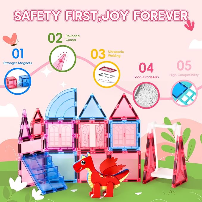 Magnetic Tiles for Kids Ages 4-8 with Dragon, 36-Piece Princess Castle Magnet Tiles for Girls, Movable Dragon Toys for 3+, Creative Magnetic Construction Building Set for Classroom, Xmas Birthday Gift