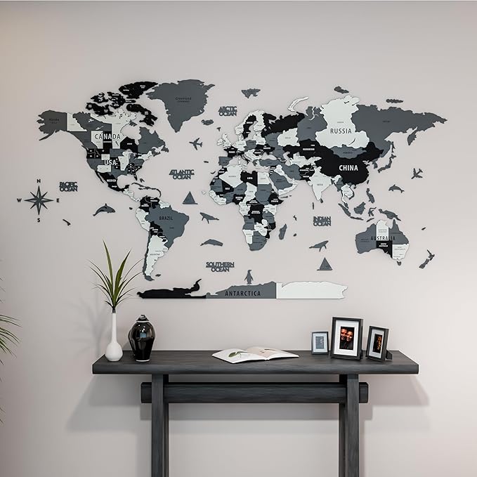 Colorfull Worlds 3D Wooden World Wall Art | Unique Wall Decor with Pins for Travel Enthusiasts | Home and Office Wall Décor | Grey | Large