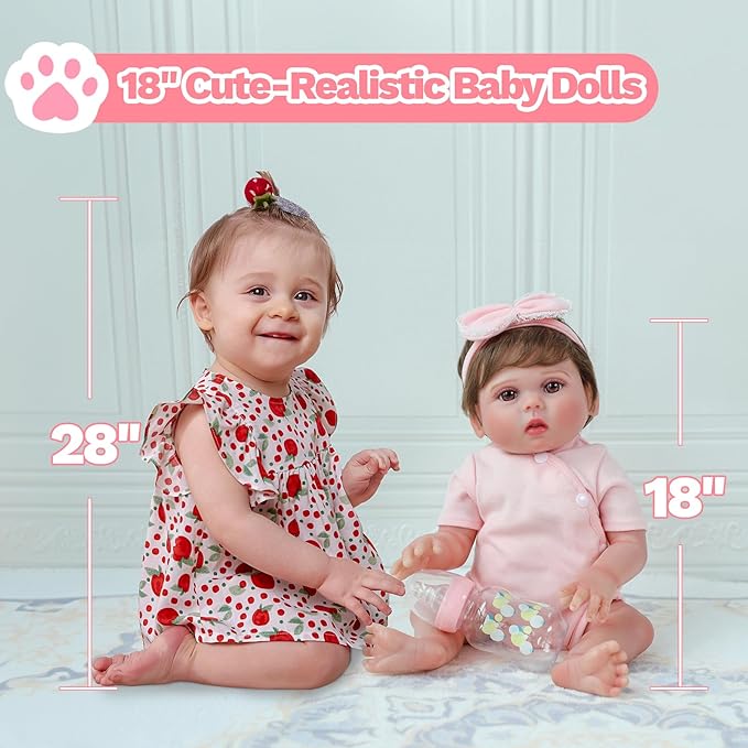 SCOM Reborn Baby Doll Girl - 18 Inch Realistic Real Life Doll with Hair, Silicone Baby with Anatomically Correct, Newborn Lifelike Toddler with Cloth Body & Vinyl for Age 3 4 5 6 + Year Old Gift