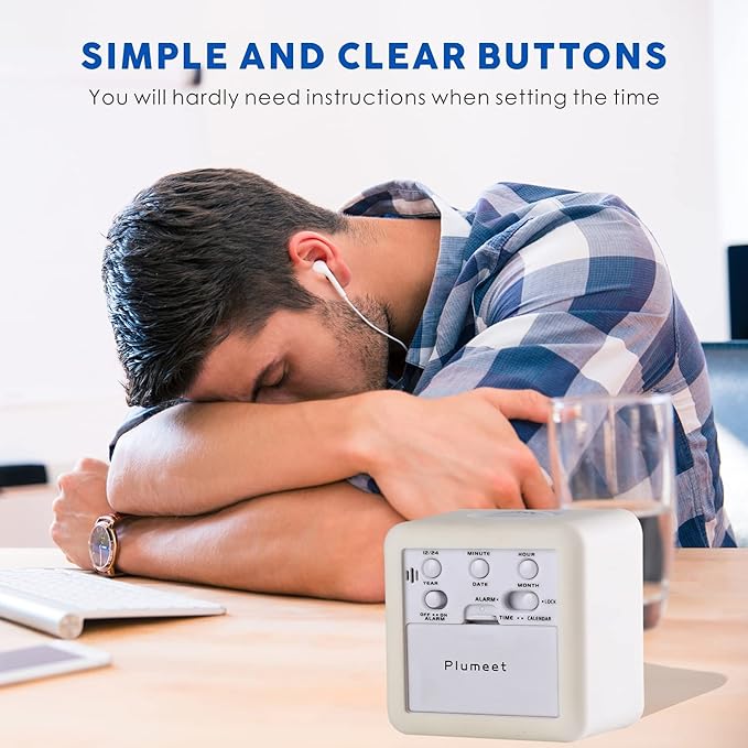 Plumeet Easy to Set Digital Travel Alarm Clock, Snooze Function, Soft Night Light, Large Screen time and Month and Date Display and Alarm, Progressive Sound Alarm and Handy Size (White)