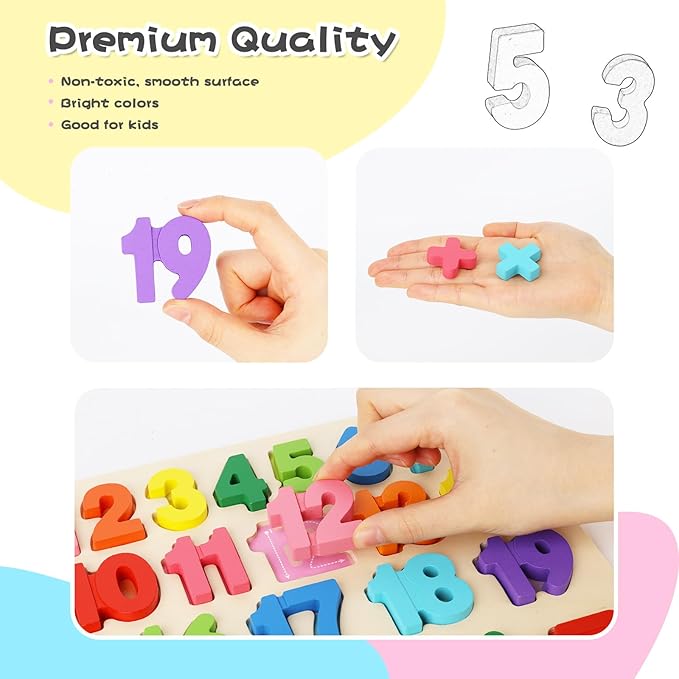LovesTown Wooden Puzzles for Kids, Montessori Number and Shape Puzzles, Preschool Educational Toddler Puzzle Toys for Boys Girls