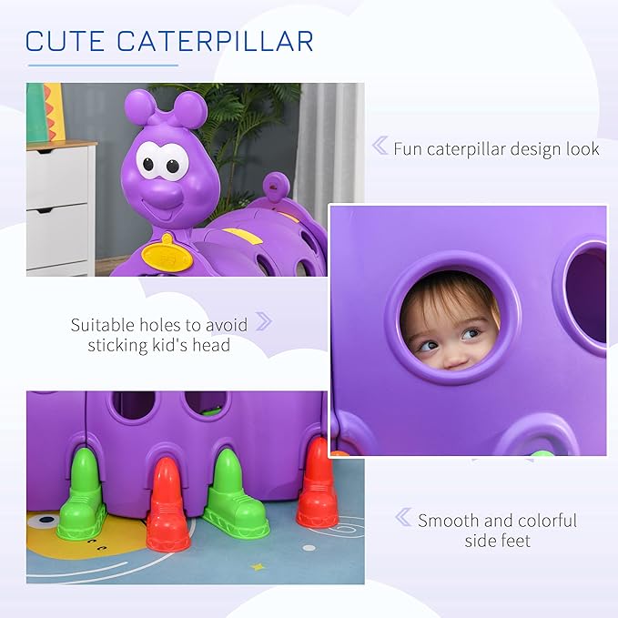Qaba Caterpillar Tunnel, Toddler Tunnel for Kids Crawl and Climb Through, Kids' Play Structure Indoor Outdoor, 2 Sections, Purple