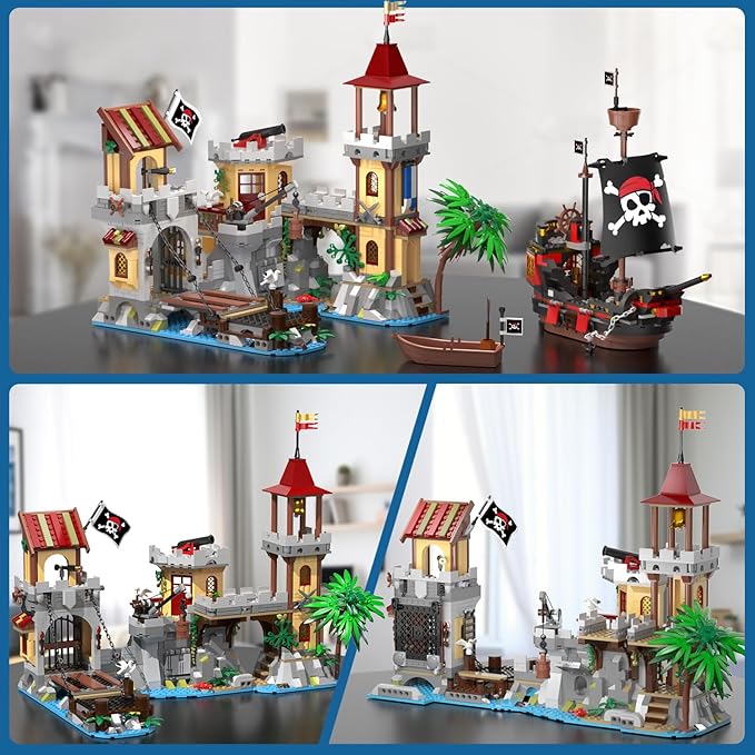 Pirate Castle Building Set with Light, 3 Modes Big Pirates Ship Bay Building Block 1502 PCS, Medieval Pirate Wharf House Construction Model Toy Home Decor for Adults Teens Boys Girls 10+