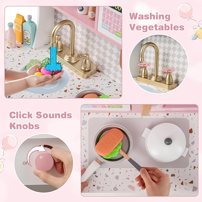 INFANS Kids Kitchen Playset, Toddler Wooden Kitchen Pretend Cooking Toy Set with Coffee Maker Ice Machine Dishwasher Microwave Storage Cabinet, Simulation Play Kitchen for Boys Girls 3+ (Pink)