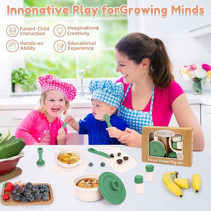 TYRY.HU Play Kitchen Accessories, 11Pcs BPA Free Silicone Pretend Play Food Sets,Play Kitchen Set,Play Kitchen Cooking Utensils Pots & Pans,Pretend Role Play Cooking Toys Gifts for Toddlers 1-3,Green