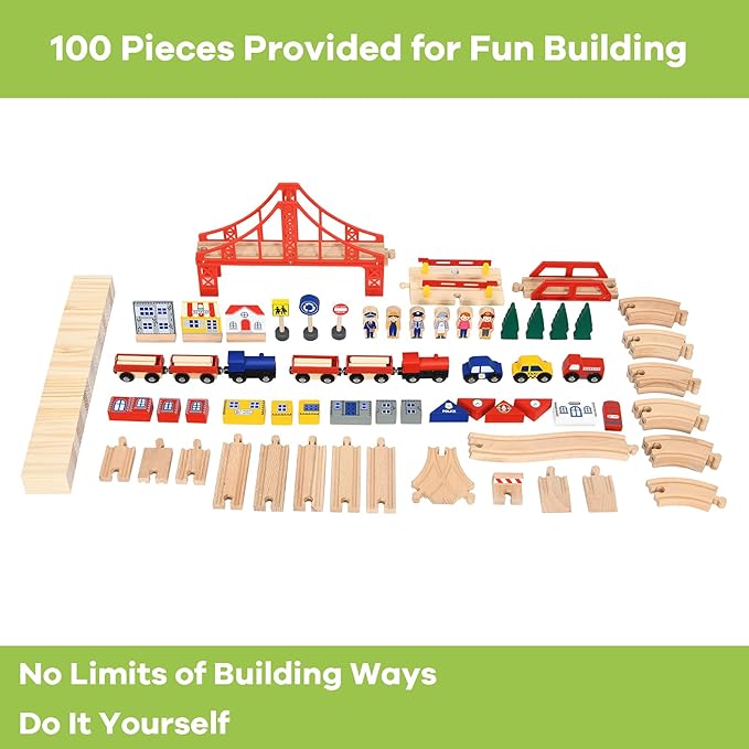 GLACER 100 Pieces Train Table, Wooden Activity Table with Storage Drawer, Tracks, Vehicles, Buildings, Wheels, Multipurpose Painted Train Table Set for Toddlers 3-5+, Gift for Boys Girls