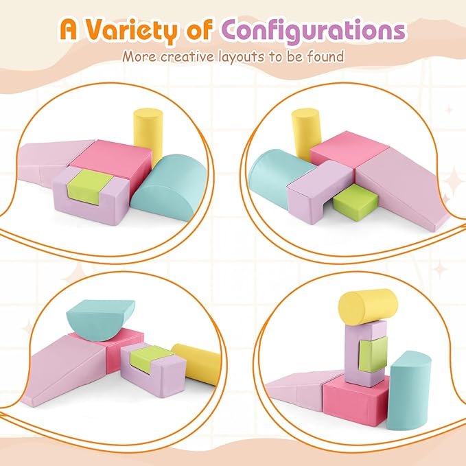Costzon Toddler Climbing, 6 Pieces Climb and Crawl Playset with PU Cover for Baby Crawling, Climbing & Walking, Indoor Foam Climbing Blocks for Toddlers 1-3, Light Pink