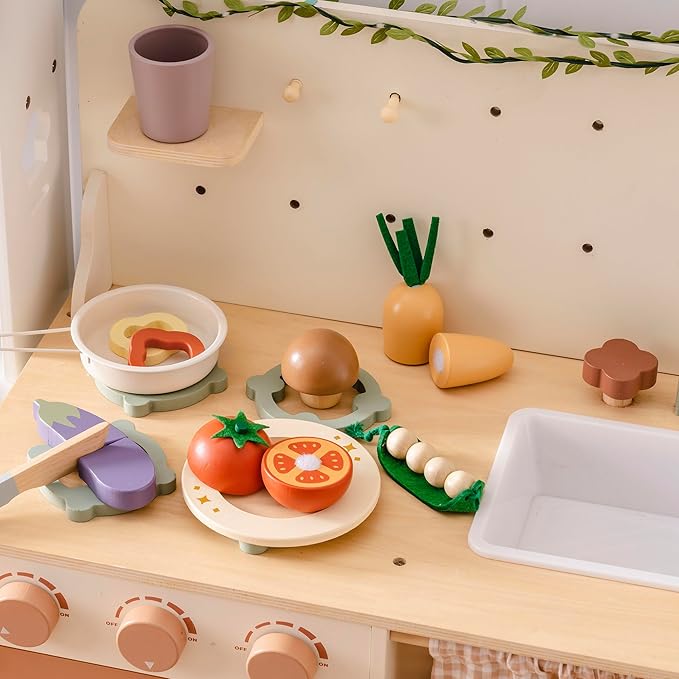 ROBOTIME Wooden Play Food Cutting Vegetable Set, Pretend Play Toy Food for Play Kitchen with Shopping Bag – Kids Kitchen Accessories, Wooden Veggie Toys for Boys & Girls