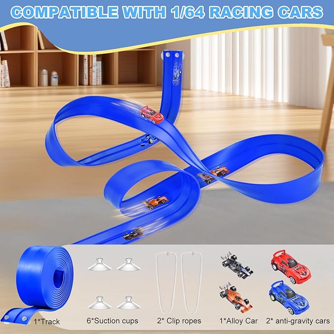 20 Ft Flexible Race Track Toys, Anti Gravity Car Track Set, Flex Race Car Ramp Track with Suction Cups - Rolls Up Portable DIY Race Track with 4 Racing Cars- Kids Race Car Track Toy (Dark Blue)