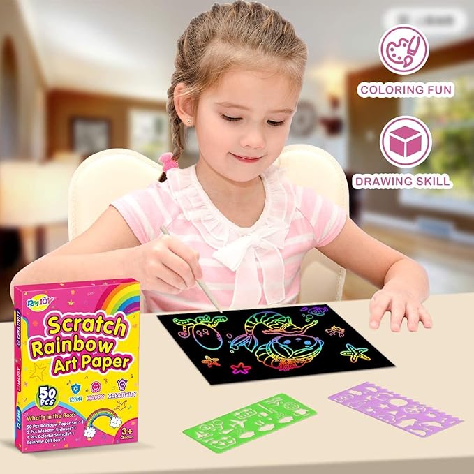 Rainbow Scratch Paper Art for Kids: 60PCS Magic Arts Crafts Gifts Toys for Girls Boys Ages 4 5 6 7 8 9 Games Activities for Birthday Family Fathers Day Christmas Stocking Stuffers Easter(Girls)