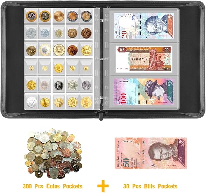 Coin Collection Book Holder for Collectors, Coin Storage Box Case Album Binder Sleeves for Money Currency Collection Supplies - [300 Coins Pockets+30 Bills Pockets]